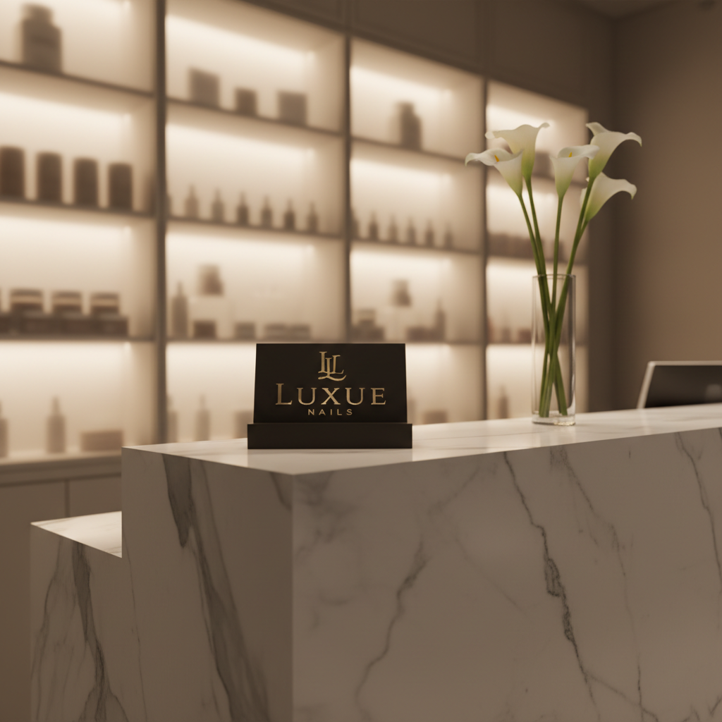 A refined reception counter in a luxury nail studio, crafted from white marble with subtle gray veining and a beveled edge. On the counter sits a sleek matte-black card stand displaying the "Luxue Nails" logo in metallic gold, next to a minimalist glass vase holding a few long-stemmed white calla lilies. Behind the counter, backlit shelving with frosted glass panels glows softly, subtly revealing rows of neatly arranged nail care products. The lighting is a warm, diffused ambient glow combined with a gentle spotlight on the logo stand, creating an inviting, upscale mood. Photographic realism at a slightly low angle emphasizes the brand presence and modern sophistication.