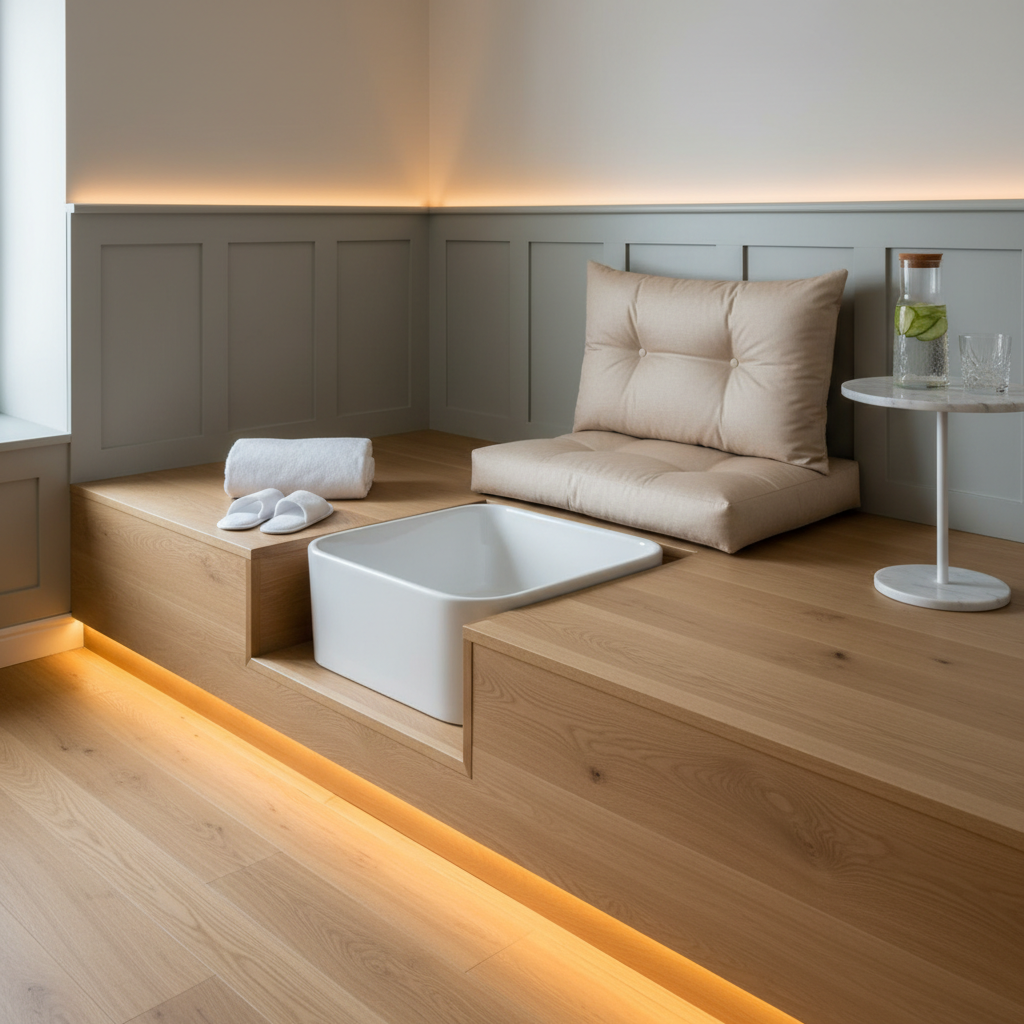 A meticulously styled pedicure station featuring a built-in white soaking basin set into a raised platform of light oak wood. Above the basin, a plush champagne-colored cushion rests against a paneled wall in soft greige, with a neatly folded white towel and a pair of disposable slippers placed nearby. To the side, a small marble-topped side table holds a clear glass carafe of water with floating cucumber slices and a faceted tumbler. Warm, indirect LED strip lighting under the platform and along the wall panels creates a soft, glowing halo effect. Captured in photographic realism from a wide, eye-level perspective, the atmosphere feels serene, indulgent, and impeccably clean.