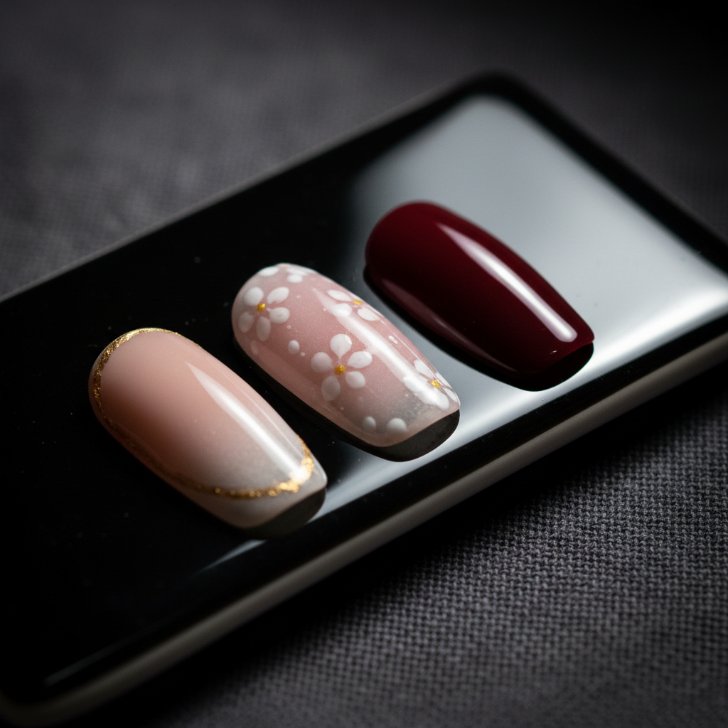 An ultra-close macro shot of three sculpted gel nails displayed on a glossy black ceramic tile. The nails showcase high-end designs: one with milky nude ombré and a fine line of gold foil along the cuticle, another with sheer blush base and tiny hand-painted white florals, and the third in deep oxblood red with a mirror-like shine. The tile rests on a dark charcoal linen cloth, adding soft texture beneath the reflective surface. A narrow beam of soft studio light from the right creates pronounced highlights on the curvature of each nail and rich, velvety shadows between them. Photographic realism with extreme shallow depth of field highlights precision and artistry.