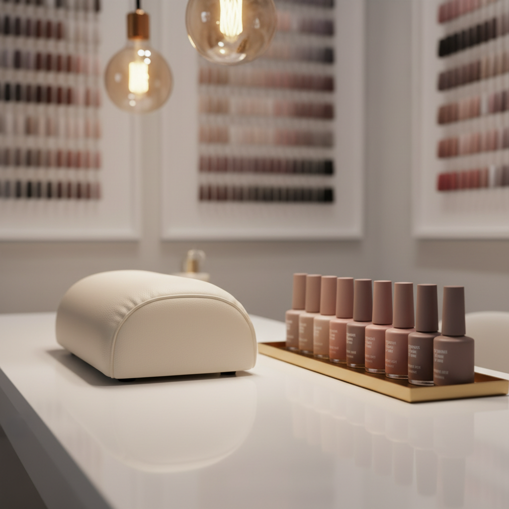 An elegant close-up of a single hand rest cushion upholstered in smooth ivory faux leather, placed on a glossy white manicure table. Beside it, a curated row of gel polish bottles in muted mauves, taupes, and soft pinks sits on a slim, brushed-gold tray. Behind them, a softly out-of-focus wall display of meticulously organized color swatches fades into bokeh. Overhead pendant lighting with warm, diffused bulbs casts a flattering, even glow, producing subtle highlights on the glass bottles. Captured at eye level with a shallow depth of field in photographic realism, the mood is calm, refined, and inviting, emphasizing meticulous organization and high-end service.