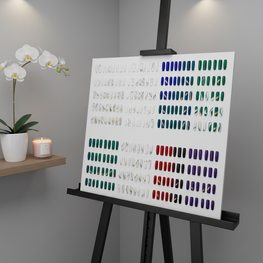 A sophisticated nail art design board displayed on a matte black easel shelf within a chic studio corner. Dozens of sample nail tips in almond and coffin shapes are arranged in precise rows on a pristine white panel, showcasing intricate marble effects, gold foil accents, minimalist negative space designs, and deep jewel-tone lacquers. The panel is positioned against a soft dove-gray wall with a single potted orchid and a scented candle in a frosted glass jar on a nearby floating shelf. Soft studio lighting from above and to the side creates gentle shadows, highlighting the textures of metallic details. Photographic realism, shot from a slightly elevated three-quarter angle, conveys a creative yet composed, gallery-like atmosphere.