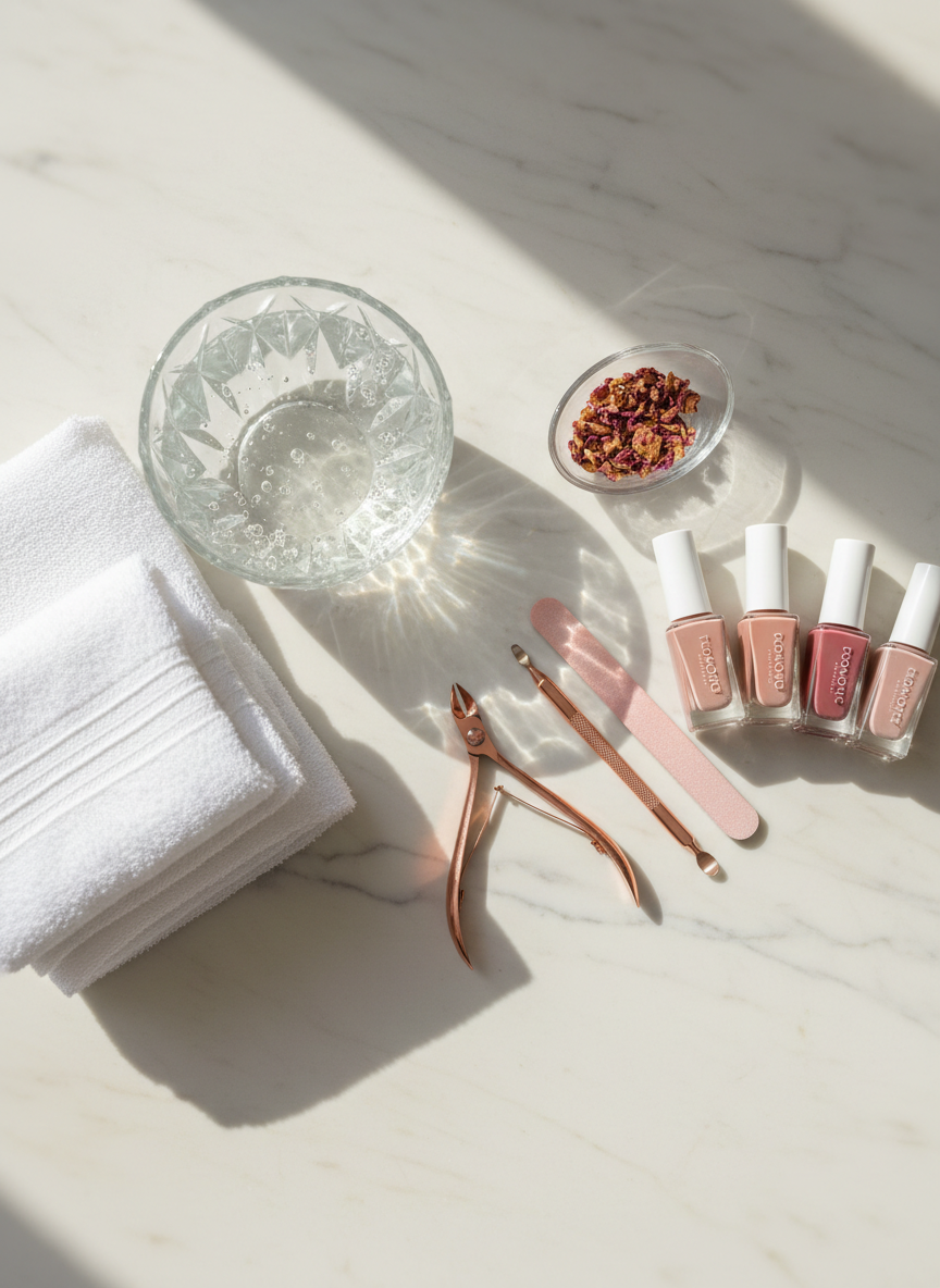 A luxuriously arranged flat lay of high-end manicure tools set on a pale cream marble surface. A crystal-clear glass bowl of shimmering water, neatly folded white linen towels, rose-gold cuticle nippers, and a selection of nude and soft blush gel polish bottles with minimalist labels form a refined composition. Subtle natural daylight from the left creates gentle reflections in the marble and a soft glow on the glass, with delicate shadows adding dimension. The background is slightly blurred at the edges for a shallow depth of field, emphasizing the central tools. Photographic realism with a clean, modern aesthetic conveys a sophisticated, spa-like atmosphere ideal for a luxury Toronto nail studio.